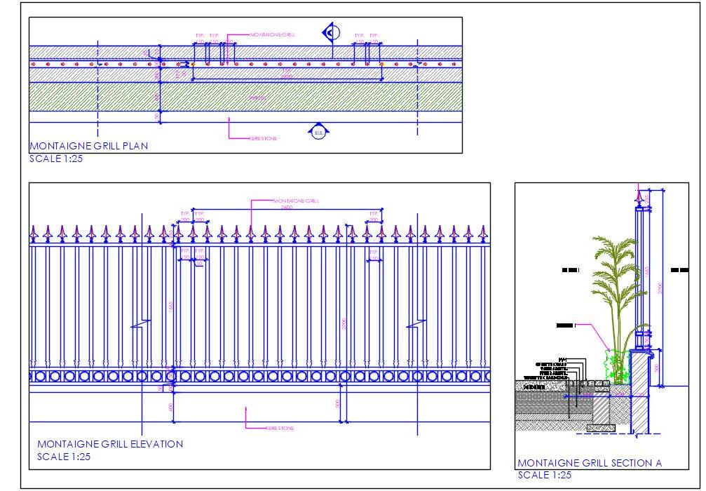 Boundary Wall Grill Design DWG with Planters Design